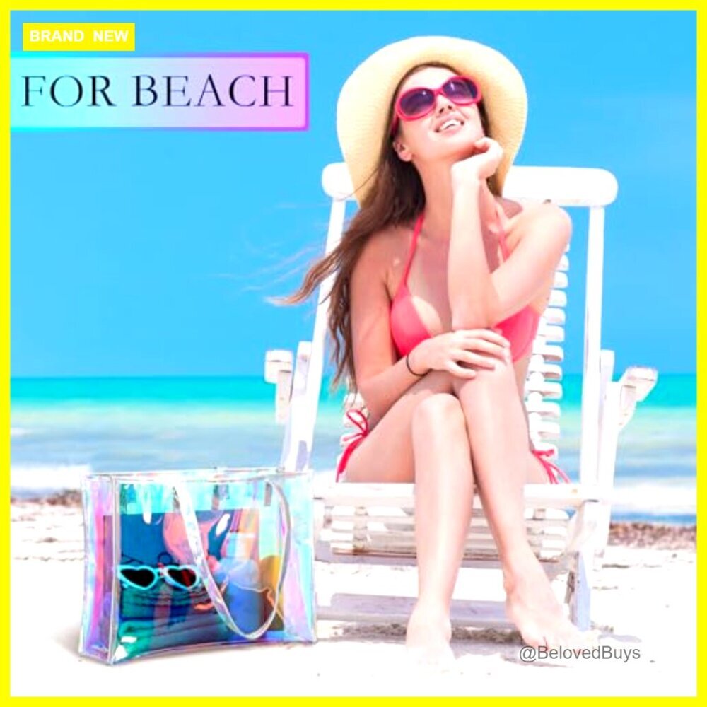 Large Clear Tote Bag with Leather Handle for Beach Work Travel - Picture 5 of 7